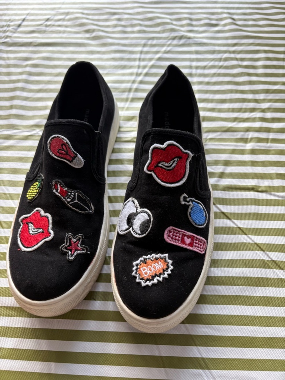 Madden Girl Black Slip-On Patch Sneakers with Multicolor Embroidered Patches